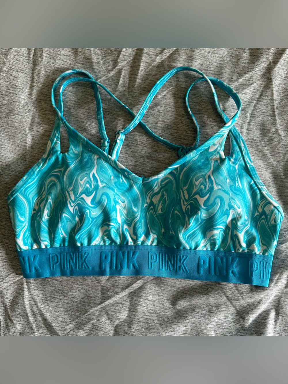 PINK Victoria’s Secret Aqua Marble Strappy Sports Bra/Bikini Top Size Medium NWT